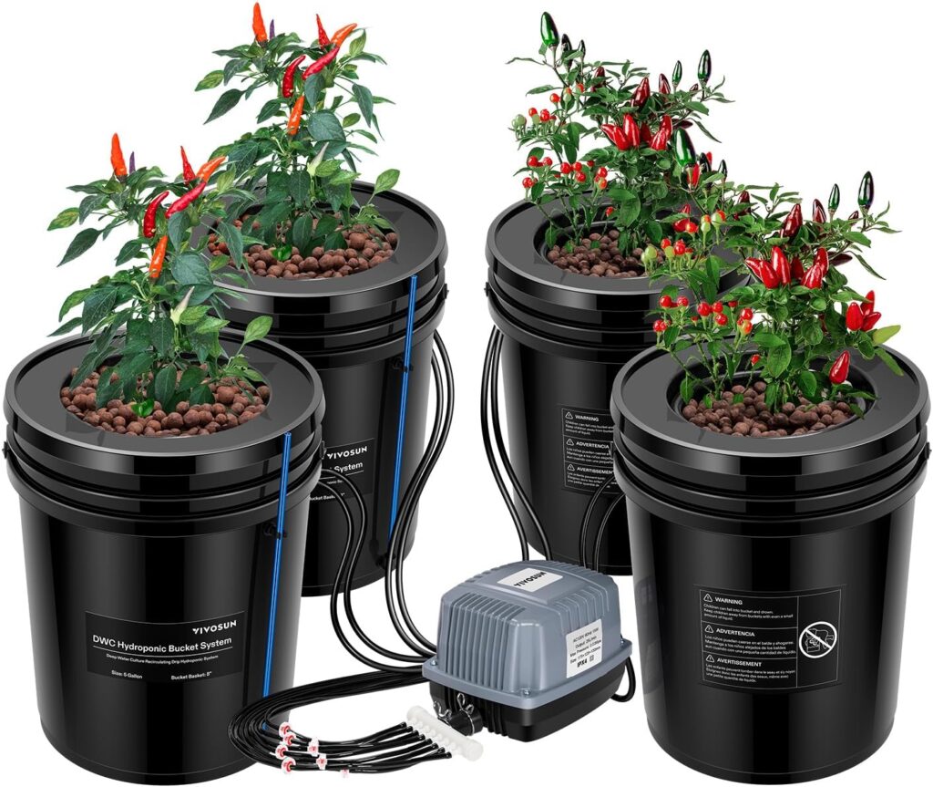 VIVOSUN DWC Hydroponics Grow System with Top Drip Kit 4 Buckets | 5-Gallon Deep Water Culture, Recirculating Drip Garden SystemBeyond the Soil systems